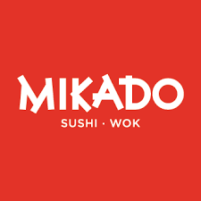 Red background, with "Mikado" on the center and "Sushi - Wok" underneath in white